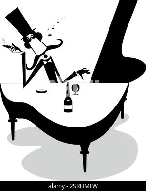 Nachdenklicher Pianist im Kopfhut mit Zigarre in der Hand und einer Flasche Whisky am Klavier. Schwarzweiß-Illustration Stock Vektor