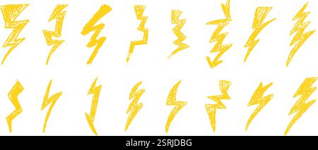 Set von Blitz durch Wachsstift Zeichnung. Sammlung von handgezeichneter Kreide, Lichthupen, Doodle Donner Bolts, goldenen Designelementen Stock Vektor