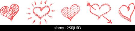 Set mit roten Herzzeichen, gezeichnet mit Wachsstift. Liebessymbole im Doodle-Stil. Sammlung handgezeichneter Kinderherzen, schattiert, mit Sonnenstrahlen, durchbohrt Stock Vektor