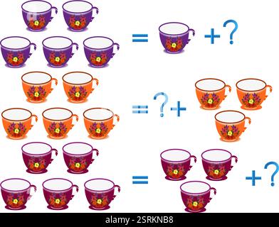 Lernspiele für Kinder, zur Zusammensetzung der fünf, Beispiel mit Bechern. Stock Vektor