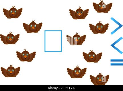 Erziehungsspiel für Kinder, Vergleich der Vogelzahl. Stock Vektor