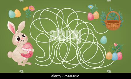 Niedlicher osterhase mit dekoriertem Ei, der versucht, das Labyrinth zu lösen, der zu einem Korb voller bunter Eier, Blumen und Blätter führt. Lustige Urlaubsaktivität Stock Vektor