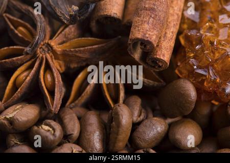 Aromaskaffee. Inhaltsstoffe. Kaffeebohnen, Anis, Vanille, Zimt, Zucker Stockfoto