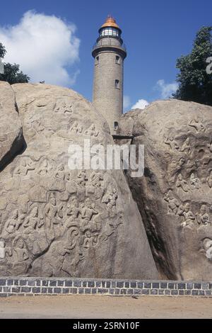 Anzeigen von Mahabalipuram Leuchtturm, Mamallapuram, Tamil Nadu, Indien, Asien Stockfoto