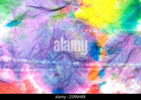 Strukturiertes Tissue Tie-Dye Aquarellfarbe Regenbogenfarbe Hintergrund Stockfoto