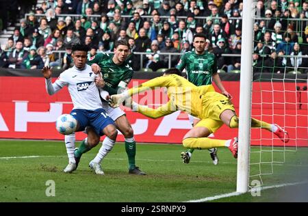 16.02.2025, wohninvest Weserstadion, Bremen, GER, 1. FBL, SV Werder Bremen vs. TSG 1899 Hoffenheim im Bild / Bild zeigt Torwart Parade von Torwart Michael Zetterer (Werder Bremen #01) Links Gift Orban (TSG 1899 Hoffenheim #14) und Niklas stark (Werder Bremen #04) Foto © nordphoto GmbH / Kokenge DFB-VORSCHRIFTEN VERBIETEN JEDE VERWENDUNG VON FOTOGRAFIEN ALS BILDSEQUENZEN UND/ODER QUASI-VIDEO. Stockfoto