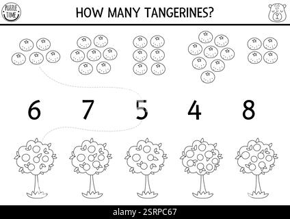 Passen Sie das schwarz-weiße Capybara-Spiel mit Mandarinen oder Orangenbäumen an. Capibara-Linie mathematische Aktivität für Vorschulkinder. Arbeitsauftrag für Ausbildungszählungen Stock Vektor