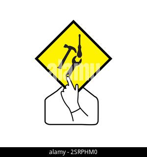 Person, die eine gelbe Rautenform mit Arbeitswerkzeugen hält Stockfoto