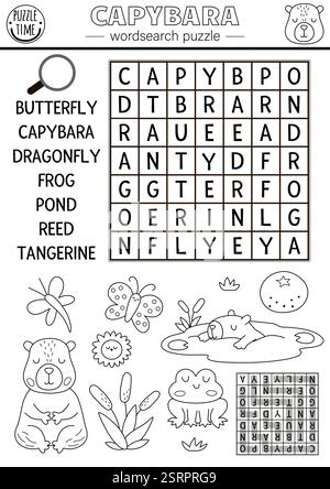 Vektor-Capybara Wortsuche Puzzle für Kinder. Quiz zur Schwarzweißwortsuche. Aktivität mit Schmetterling, Mandarine, Schilf, Frosch, Drache Stock Vektor
