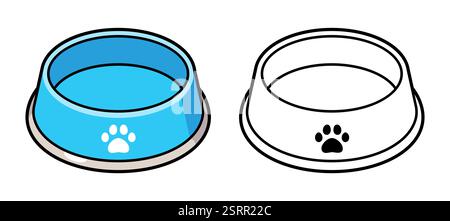 Tiernahrungsschale Cartoon-Symbol, Farbe und schwarz-weiße Strichgrafik. Leerer Katzen- oder Hundeschüssel mit Pfotenmuster. Illustration isolierter Vektorgrafik. Stock Vektor