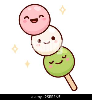 Hanami Danco, traditionelles japanisches Dessert. Rosafarbene, weiße und grüne süße Reisbällchen mit kawaii lächelnden Gesichtern. Niedliche Zeichentrickvektor-Illustration. Stock Vektor