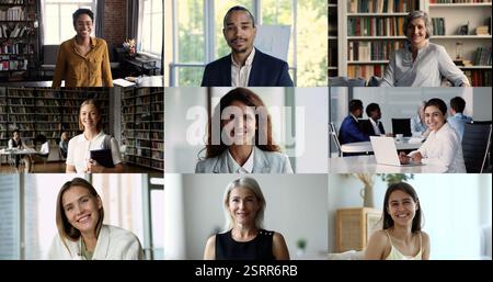 Verschiedene Personen, die zu Hause oder am Arbeitsplatz in die Kamera starren Stockfoto