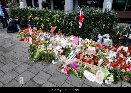 München, Bayern, Deutschland. Februar 2025. Gedenkfeier mit Blumen und Kerzen am Tatort eines mutmaßlichen Terroranschlags in der bayerischen Landeshauptstadt München am 13. Februar. Ein 24-jähriger Afghane hat mehrere Personen verletzt, die an einem VERDI-Protest mit einem Auto teilnahmen, eine 37-jährige Frau und ein 2-jähriges Kind erlagen zwei Tage später ihren Verletzungen. (Kreditbild: © Andreas Stroh/ZUMA Press Wire) NUR REDAKTIONELLE VERWENDUNG! Nicht für kommerzielle ZWECKE! Stockfoto