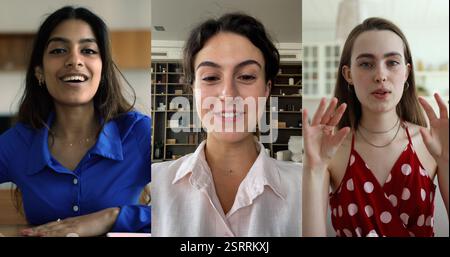 Drei multiethnische Frauen, die sich mit Videokonferenzanwendung unterhalten, mehrere Videos Collagen Stockfoto