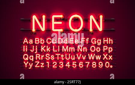 Rote Schriftart in Neonfarbe für die Stadt. Englisches Alphabet und Nummernzeichen. Vektordarstellung Stock Vektor