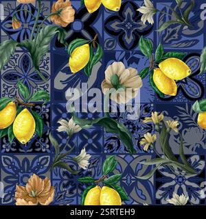Nahtloses Muster mit Zitronen und blauem Ornament. Vektor Stock Vektor
