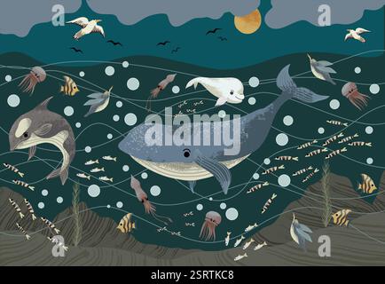 Unterwasserbild für Kinder mit Meerestieren. Vektor. Stock Vektor