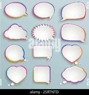 Sprechblasen aus Papier, bunte Malerei, abstrakte Elemente von Infografiken, Formen von Wolken, Herz Stock Vektor