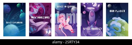 Leerlaufhintergrund. Astronaut auf dem Planeten, Universum mit einer zukünftigen Cartoon-Rakete und einem planetarischen Kind. Vertikale kindliche Poster, futuristisches Banner Stock Vektor