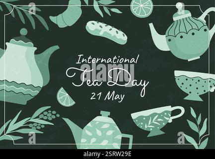 Banner zum internationalen Teetag. Verschiedene handgezeichnete Tassen und Teekannen im Skizzenstil, süße Desserts. Grünes Geschirr mit Doodle. Gemütlicher Keramikbecher. V Stock Vektor