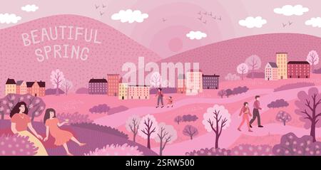 Frühling Hintergrund. Kirschblüte, süße Sakura-Blumen und Baum. Rosafarbene japanische Landschaft, aprilhimmel und Häuser. Kleine Häuser und Spaziergänger, Zeichentrickfilm Stock Vektor