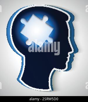 Menschlicher Kopf. Konzept einer neuen Idee, Puzzleteil in Form eines Gehirns in blauer Farbe Stock Vektor