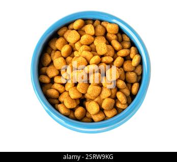 Getrocknetes Kibble-Tierfutter in einer Schüssel, isoliert auf weißem Hintergrund. Stockfoto