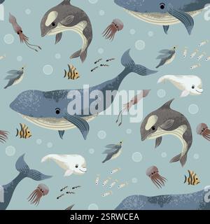 Nahtloses Muster mit Meeresbewohnern wie Fischen, Quallen usw. Vektor. Stock Vektor