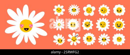 Blume Face. Niedliches Gänseblümchenlächeln, fröhlicher Grooviger Charakter oder Frühlingsspaß-Emoji. Kamillenbabyaugenpflanzen. Hippie Wiesenblüten-Maskottchen. Aufkleber Wildblume Stock Vektor