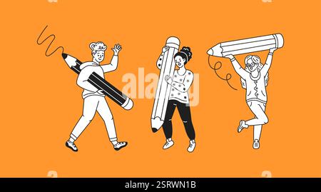 Junge Studenten, die riesige Linearsymbole mit Bleistiften halten. Walking Malen und Schreiben Menschen kritzeln Charaktere auf orangem Hintergrund Stock Vektor