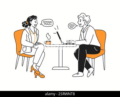 Geschäftsleute kommunizieren am Tisch im orangefarbenen linearen Symbol des Cafés. Frau und Mann reden von Charakteren, die Illustration kritzeln Stock Vektor