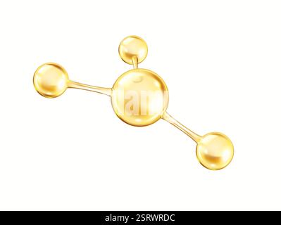 Goldene Kollagenmolekül-Struktur glänzt realistische Vektorillustration. Das chemische Modell besteht aus dem 3D-Objekt Kugeln auf weißem Hintergrund Stock Vektor