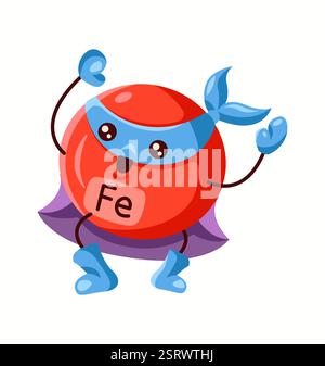 Illustration eines eisernen Superhelden mit rotem Körper, blauer Maske und violettem cape, das seine Bedeutung für den Sauerstofftransport und die Blutheilung symbolisiert Stock Vektor