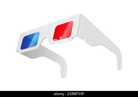 Realistische 3D-Illustration von roten und blauen Anaglyphen-Brillen, die zum Ansehen stereoskopischer Filme in Kinos verwendet werden, wodurch ein Tiefentäuschungseffekt entsteht. Stock Vektor