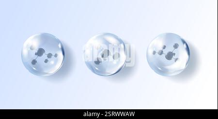 Transparente Blasen und Moleküle in Hyaluronsäureblasen. Hautpflegemittel. Stock Vektor