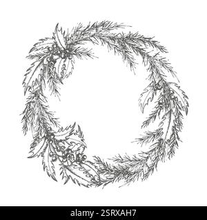 Tannenzweige und stechpalmenzweig mit Beeren, die in einen Weihnachtskranz geflochten sind. Vektor. Grafikabbildung auf weißer Hintergrundform. Neujahrszusammensetzung Stock Vektor