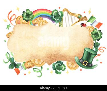 St. Patricks Day – beiges Vintage-Weihnachtsabzeichen. Aquarellabbildung. Klee, Bier, Streamer, Urlaub, Flagge, Geld. Münze. Isoliert auf weiß Stockfoto