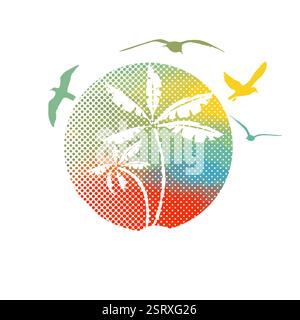 Abstrakte Palme im Kreis bei Sonnenuntergang. Kreisförmige Ikone mit tropischer Landschaft. Paradies Insel. Handgezeichnet. Nicht AI, Vektorillustration Stock Vektor