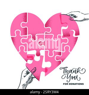 Menschliche Hände verbinden sich mit Herzform-Rätsel. Vektorgrafik von Hand gezeichnet. Leute verbinden Puzzleteile. Spende, Sozialfürsorge, Freiwilligenarbeit Stock Vektor