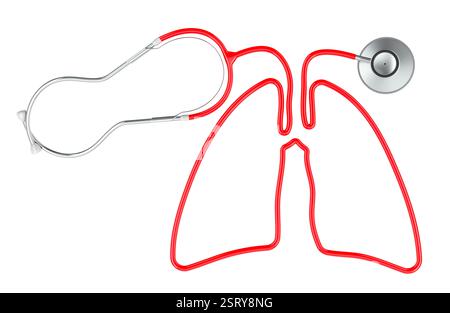 Stethoskop mit menschlicher Lungenform aus seinem Nabel. Diagnostik und Therapie der Lungenerkrankung, Konzept. 3D-Rendering isoliert auf weißem Hintergrund Stockfoto