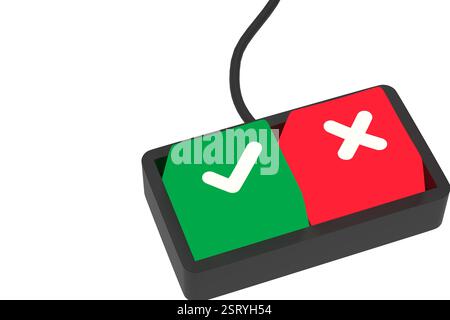 Tastatur mit Tasten – Häkchen und Kreuz. Auswahl, Abstimmung, Umfrage oder Genehmigungskonzept. 3D-Rendering. Grüne und rote Tasten auf der Tastatur. Stockfoto