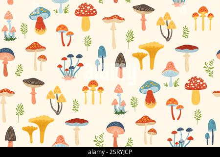 Pilze handgezeichnetes nahtloses Vintage-Muster. Verschiedene Pilze mit Doodle-Textur wiederholen grenzenlosen Hintergrund. Cartoon Pilze endlose Design Druck Textil, Wrapper Hintergrund, Scrapbook Vektor Vorlage Stock Vektor