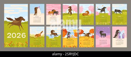 Pferdemaskottchen Kalender 2026 vertikale Vorlage. Wandkalender mit Stute, Mustang. 12 Seiten mit Pferden in verschiedenen Posen, Szenen Landschaften Hintergründe. Woche beginnt mit Sonntag Vektor-Illustration Stock Vektor