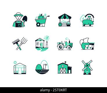 Landwirtschaft und Landleben – Symbole im Liniendesign Stock Vektor