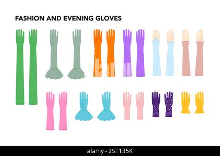 Set von Handschuhen - Mode und Abend mit Namen Hand Accessoire Kleidung technische Illustration Kleidung. Vektor für Männer, Frauen, Unisex flache Vorlage CAD-Zeichentrickstil isoliert auf weißem Hintergrund Stock Vektor