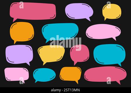 Set mit niedlichen Vorlagen für Sprechblasen im Doodle-Stil. Sammlung von Dialogfeldern, Textfeldern, Anführungsrahmen und Konversationstags, die auf dunklem Hintergrund isoliert sind. Illustration der Vektorabwicklung. Stock Vektor