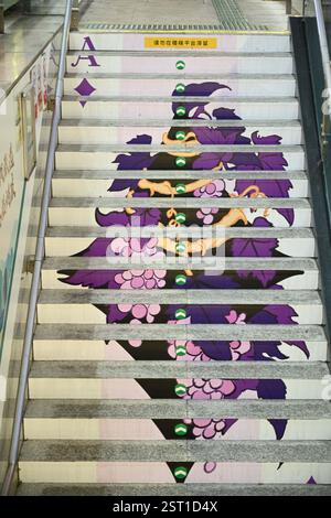 Graffiti-Gemälde auf den Treppen eines Ausgangs einer U-Bahn-Station in Nanning, südchinesischer Autonomen Region Guangxi Zhuang, 15. Februar 2025. Stockfoto