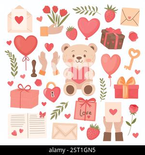 Flat Cartoon Vektor Romantische Valentinstag Clipart Set. Niedlicher Teddybär, Liebesbrief, Herzballons, Geschenke, Blumen, Schlüssel, Handschriftliche Notizen. Symbole Stock Vektor
