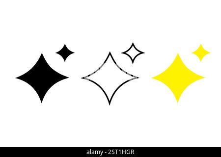 Funkelnde Sternenformen. Schwarz-weiß-Varianten. Hellgelbe Version. Dekoratives Vektorsymbol. Stock Vektor