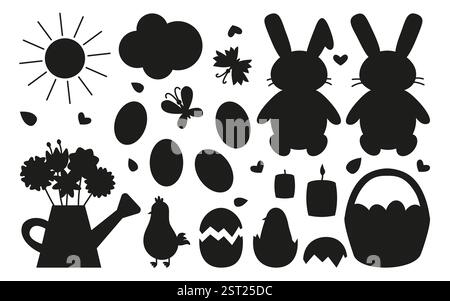 Silhouette Ostern Clipart mit schwarzen Kaninchen, Eiern, Küken, Blumen und Frühlingselementen. Ideal für Kunsthandwerk, Heimwerkerprojekte, Schneidemaschinen und saisonale Dekoration Stock Vektor